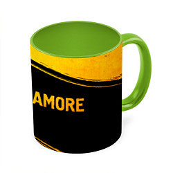 Кружка 3D Paramore - gold gradient: надпись и символ, цвет: 3D-белый + светло-зеленый