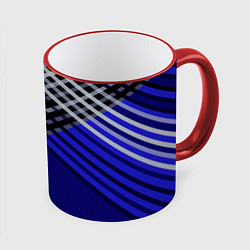 Кружка 3D Белые и серые полосы на синем фоне, цвет: 3D-красный кант