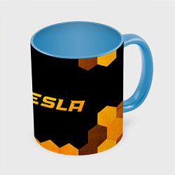 Кружка 3D Tesla - gold gradient: надпись и символ, цвет: 3D-белый + небесно-голубой