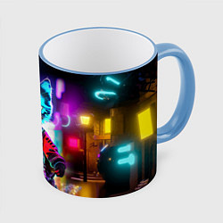 Кружка 3D Cool kitten - cyberpunk - neon glow, цвет: 3D-небесно-голубой кант