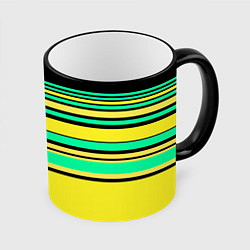 Кружка 3D Разноцветный черно желтый с зеленым полосатый узор, цвет: 3D-черный кант