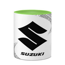Кружка 3D Suzuki speed на светлом фоне со следами шин, цвет: 3D-белый + светло-зеленый — фото 2