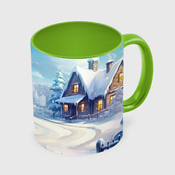 Кружка 3D Новогодний пейзаж снеговик, цвет: 3D-белый + светло-зеленый