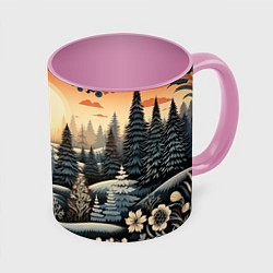 Кружка 3D Зимний предновогодний пейзаж, цвет: 3D-белый + розовый