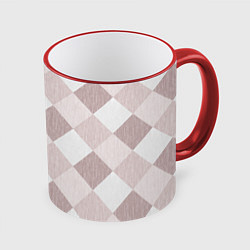 Кружка 3D Геометрический светло коричневый узор квадраты, цвет: 3D-красный кант