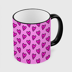 Кружка 3D Розовые сердечки каракули, цвет: 3D-черный кант