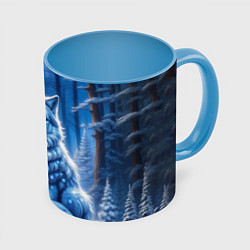 Кружка 3D Волк в зимнем ночном лесу, цвет: 3D-белый + небесно-голубой