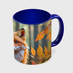Кружка 3D Портрет лисы в осеннем лесу, цвет: 3D-белый + синий