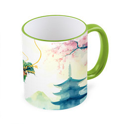 Кружка 3D Japanese dragon - watercolor art, цвет: 3D-светло-зеленый кант