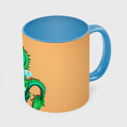 Кружка 3D Зелёный дракон на оранжевой текстуре, цвет: 3D-белый + небесно-голубой