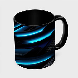 Кружка 3D Черная абстракция с синим неоновым ярким свечением, цвет: 3D-белый + черный