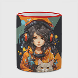 Кружка 3D Красивая девочка-аниме с котенком, цвет: 3D-красный кант — фото 2