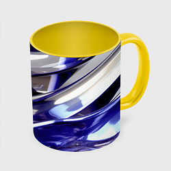 Кружка 3D Синие и белые полосы абстракции, цвет: 3D-белый + желтый