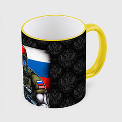 Кружка 3D Русский солдат на фоне флага, цвет: 3D-желтый кант