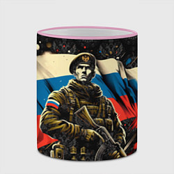 Кружка 3D Русский солдат на фоне флага России, цвет: 3D-розовый кант — фото 2