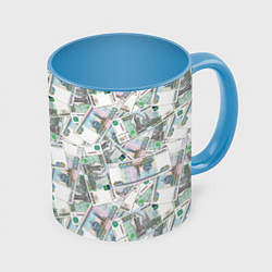 Кружка 3D Деньги - купюры в 1 тысячу рублей, цвет: 3D-белый + небесно-голубой