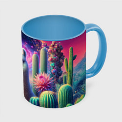 Кружка 3D Альпака в кактусах и портал, цвет: 3D-белый + небесно-голубой