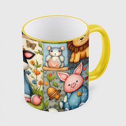 Кружка 3D Прикольный телёнок и его друзья - пэчворк, цвет: 3D-желтый кант