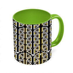 Кружка 3D Жёлто-белые треугольники на чёрном фоне, цвет: 3D-белый + светло-зеленый