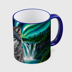 Кружка 3D Серый волк стоящий перед водопадом под северным си, цвет: 3D-синий кант