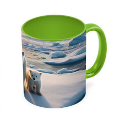 Кружка 3D Polar bear with her cubs - ai art, цвет: 3D-белый + светло-зеленый