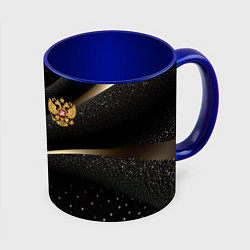 Кружка 3D Золотой герб России на черно-золотой текстуре, цвет: 3D-белый + синий