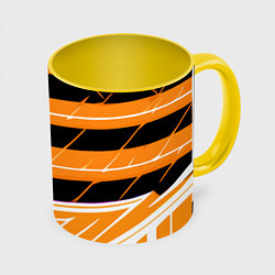 Кружка 3D Чёрно-белые полосы на оранжевом фоне, цвет: 3D-белый + желтый