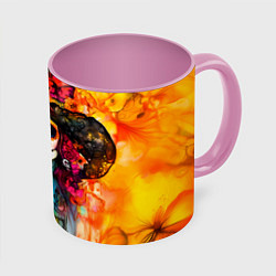 Кружка 3D Катрина в черной шляпе, цвет: 3D-белый + розовый