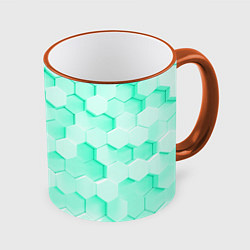 Кружка 3D Ярко бирюзовые соты, цвет: 3D-оранжевый кант