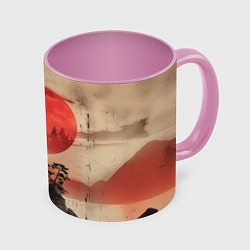 Кружка 3D Башня на фоне алого заката - Япония, цвет: 3D-белый + розовый