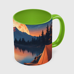 Кружка 3D Костер на берегу озера, цвет: 3D-белый + светло-зеленый