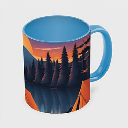 Кружка 3D Палатка на берегу озера, цвет: 3D-белый + небесно-голубой