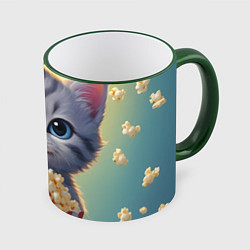 Кружка 3D Поп-корн и котенок, цвет: 3D-зеленый кант