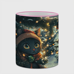 Кружка 3D Новогодний черный котик, цвет: 3D-розовый кант — фото 2