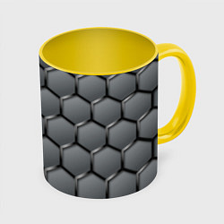 Кружка 3D Стальные шестигранники на сером фоне, цвет: 3D-белый + желтый