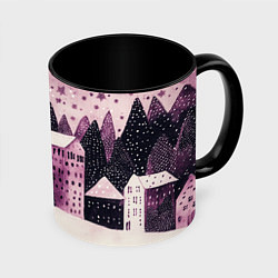 Кружка 3D Новогодние домики в лесу, цвет: 3D-белый + черный