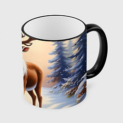Кружка 3D Олень в зимнем лесу, цвет: 3D-черный кант