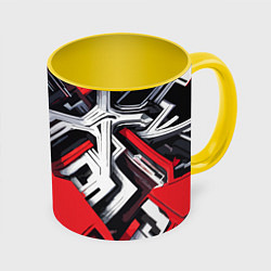 Кружка 3D Красно-белый техно паттерн, цвет: 3D-белый + желтый
