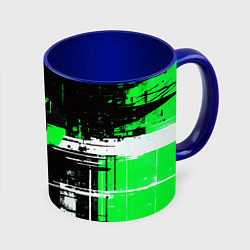 Кружка 3D Зелёно-белый гранж на чёрном фоне, цвет: 3D-белый + синий
