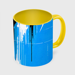 Кружка 3D Вертикальные чёрно-белые линии на синем фоне, цвет: 3D-белый + желтый