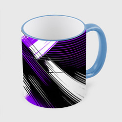 Кружка 3D Диагональные фиолетово-чёрные линии на белом фоне, цвет: 3D-небесно-голубой кант