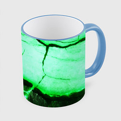 Кружка 3D Трещины на абстрактном зелёном фоне, цвет: 3D-небесно-голубой кант