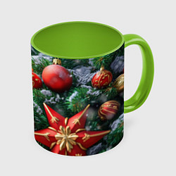 Кружка 3D Красные шары и звезда новогодняя, цвет: 3D-белый + светло-зеленый