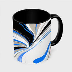 Кружка 3D Волнистые бело-синие линии на чёрном фоне, цвет: 3D-белый + черный