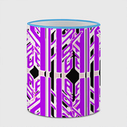 Кружка 3D Бело-фиолетовые техно полосы на чёрном фоне, цвет: 3D-небесно-голубой кант — фото 2