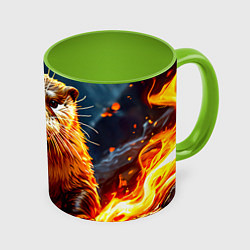 Кружка 3D Выдра в огне, цвет: 3D-белый + светло-зеленый