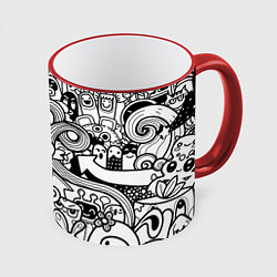 Кружка 3D Black and white doddle monsters, цвет: 3D-красный кант
