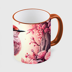 Кружка 3D Кукушка в розовых цветах, цвет: 3D-оранжевый кант