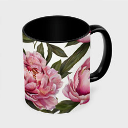 Кружка 3D Розовые пионы на белом, цвет: 3D-белый + черный
