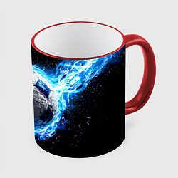 Кружка 3D Футбольный мяч в синем пламени, цвет: 3D-красный кант